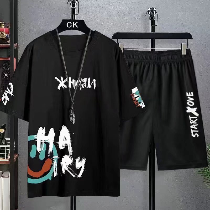 Men's Summer 2Pcs Set Custom Printed Short Sleeve T-Shirt and Woven Shorts for Sports and Leisure