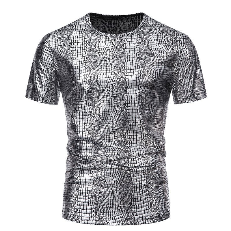 Casual snake print fancy hot adult compere stage party wear disco shiny men's t-shirts