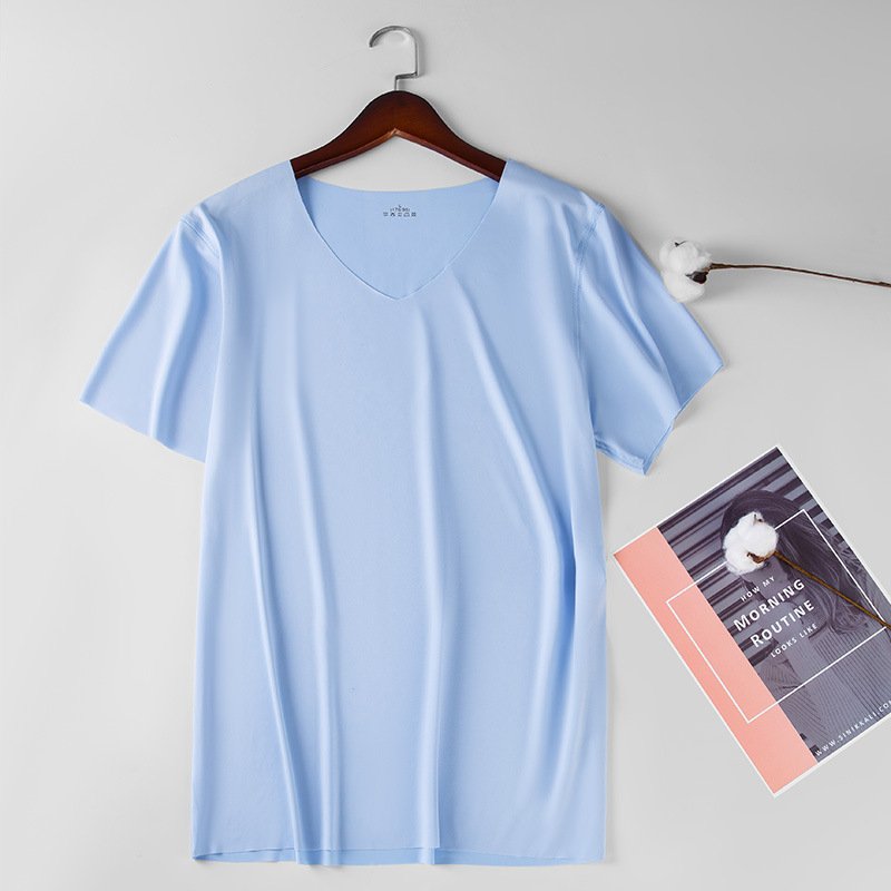 Wholesale summer men's traceless ice silk short sleeve T-shirt slim fit casual breathable V-neck half sleeve top bottom shirt