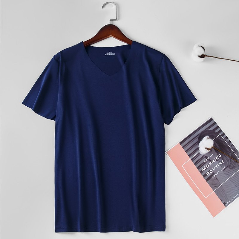 Wholesale summer men's traceless ice silk short sleeve T-shirt slim fit casual breathable V-neck half sleeve top bottom shirt