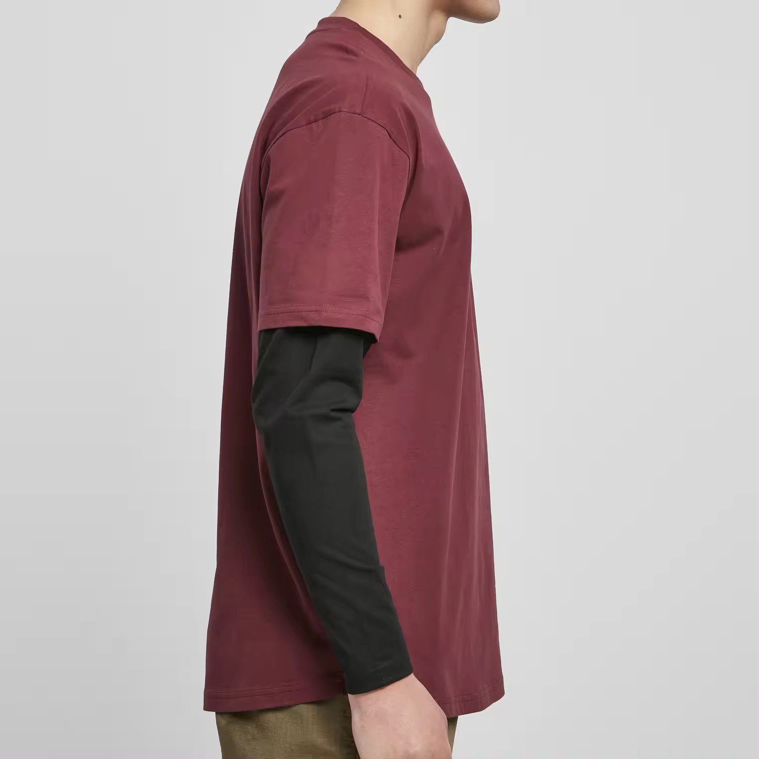 OEM Custom Logo Customized high quality cotton Mens Drop Shoulder Print Double Layer Long Sleeve Men's T shirt