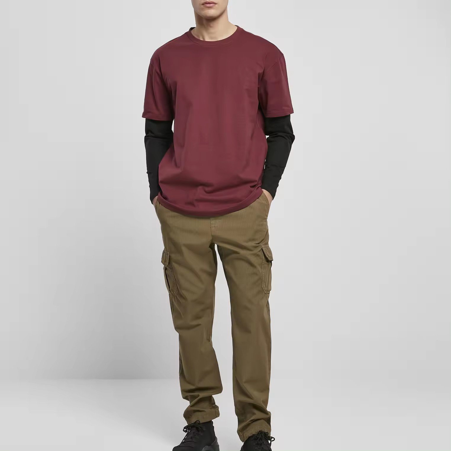 OEM Custom Logo Customized high quality cotton Mens Drop Shoulder Print Double Layer Long Sleeve Men's T shirt