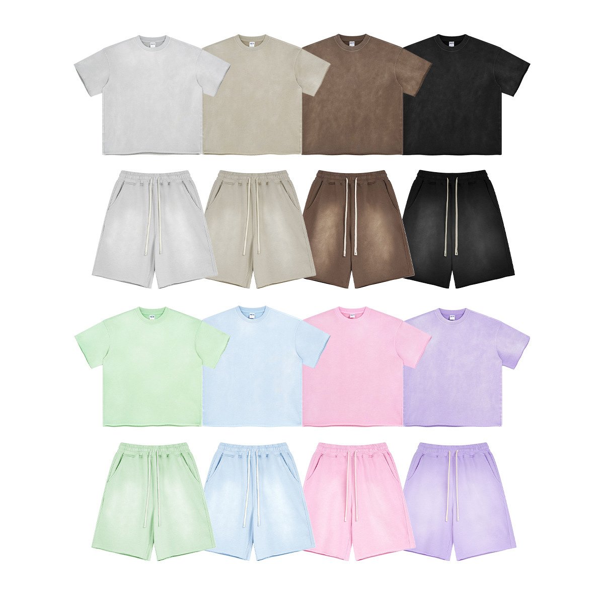 In stock Top Quality Cotton 360g Heavy Washed Plain T-shirt Plus Size Custom Men's Short Sleeve Oversize Tshirt and Short Set