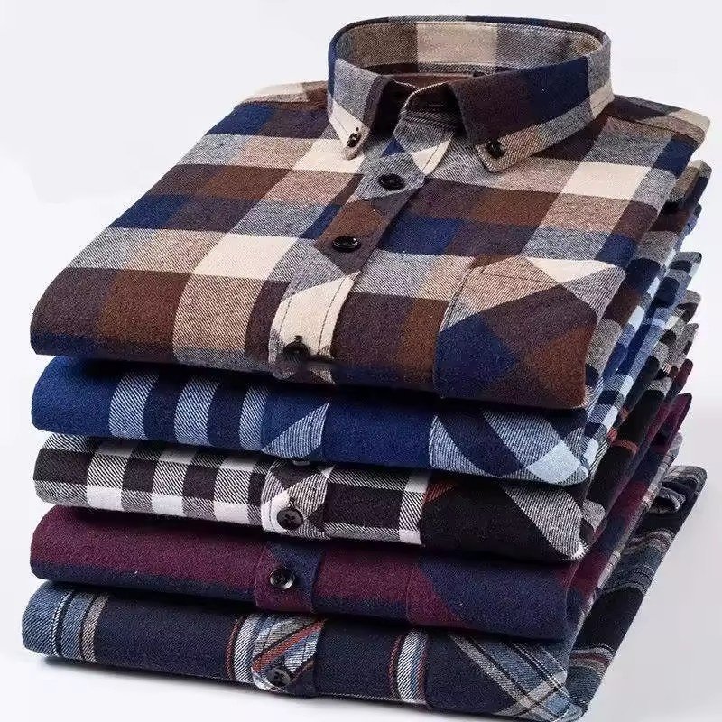 Wholesale Men's Vintage Plaid Dress Shirts Casual Long-Sleeved Brushed Twill Office Shirts Breathable for Spring Season