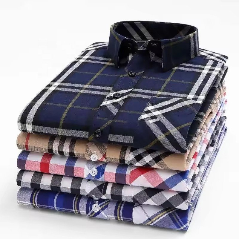 Wholesale Men's Vintage Plaid Dress Shirts Casual Long-Sleeved Brushed Twill Office Shirts Breathable for Spring Season