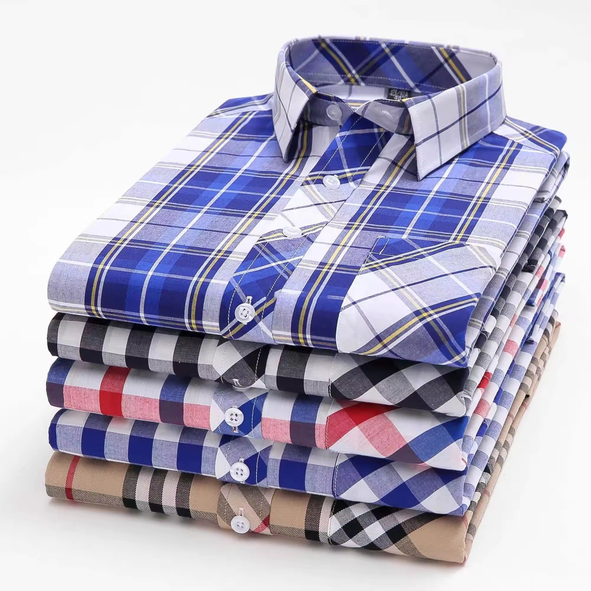 Wholesale Men's Vintage Plaid Dress Shirts Casual Long-Sleeved Brushed Twill Office Shirts Breathable for Spring Season