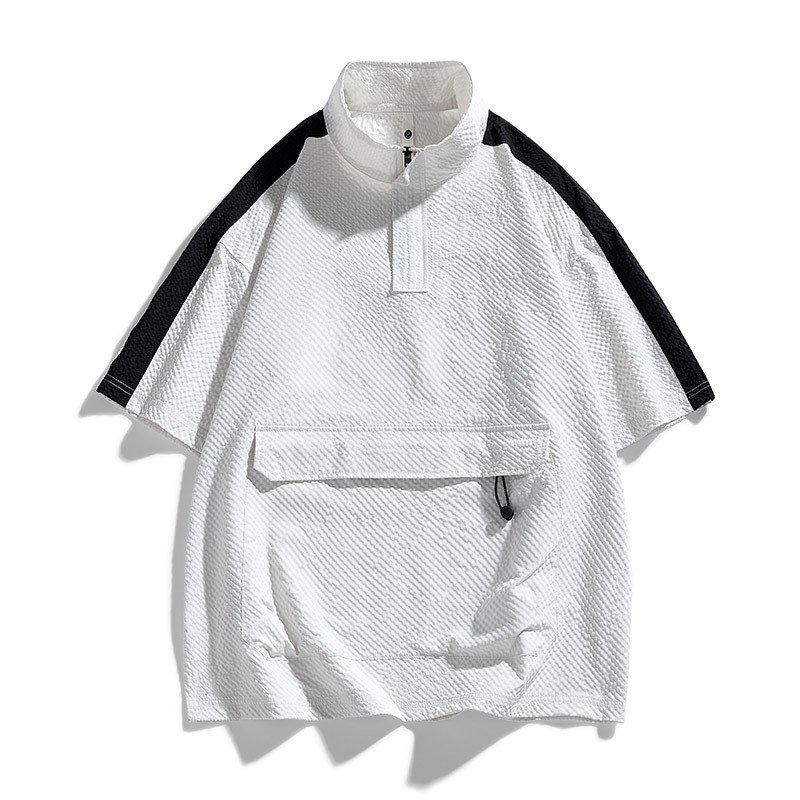 Half Sleeve Men's Fashionable Summer Zip-up T-shirts with Stand Collar and Front Pocket Breathable Quarter Zip T Shirt
