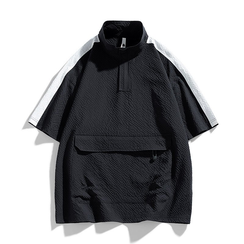 Half Sleeve Men's Fashionable Summer Zip-up T-shirts with Stand Collar and Front Pocket Breathable Quarter Zip T Shirt