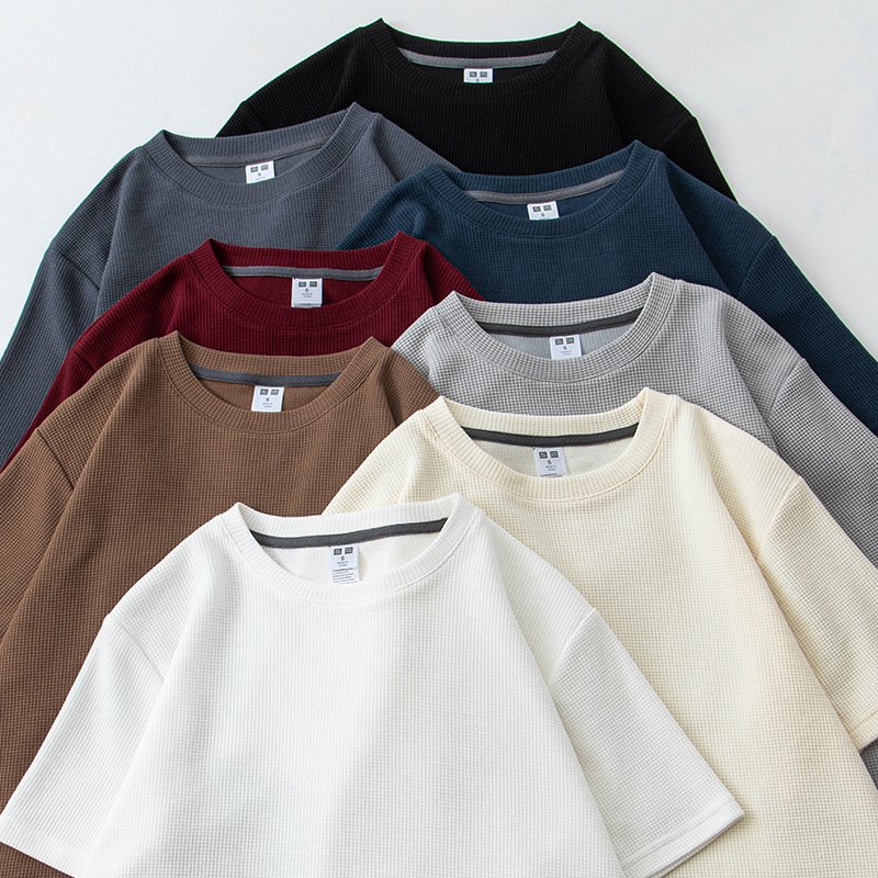 Men's summer casual tee loose vintage short sleeve 260g waffle knit heavy weight cotton t-shirt