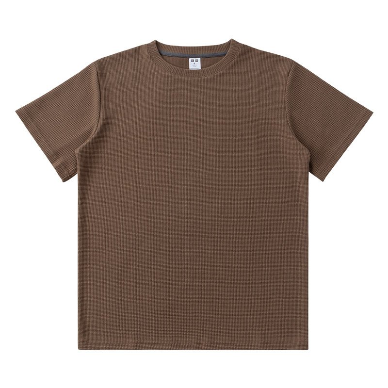 Men's summer casual tee loose vintage short sleeve 260g waffle knit heavy weight cotton t-shirt