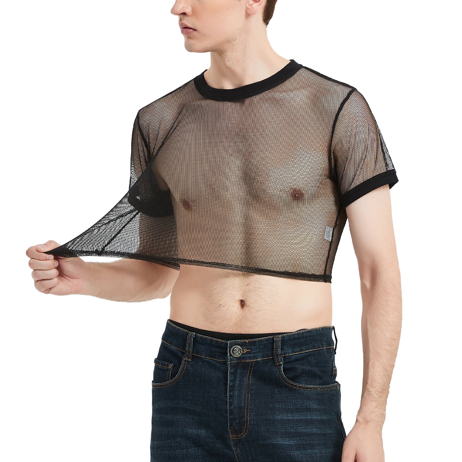 ZN the factory new style sexy short sleeve binder transparent mesh short men's t-shirts