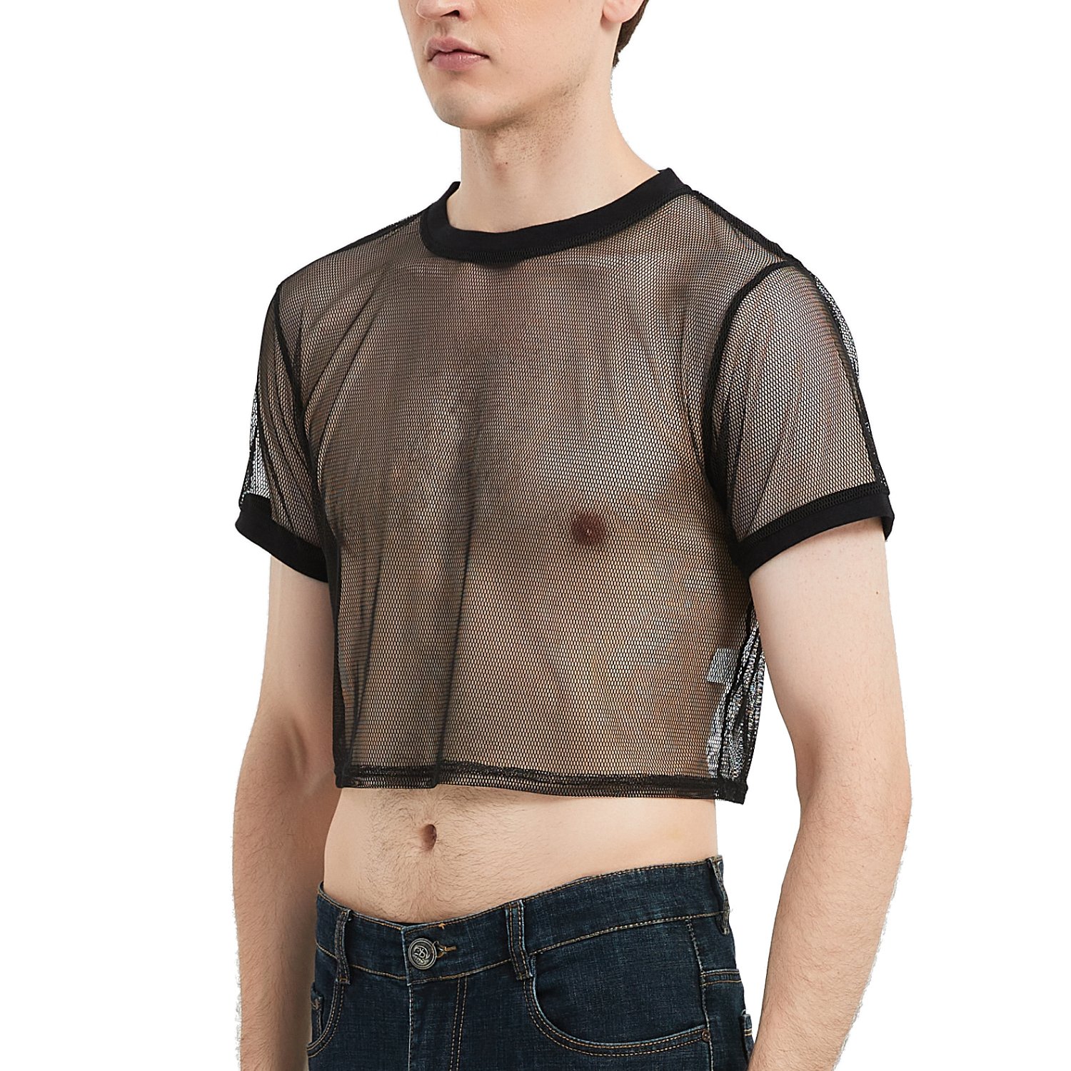 ZN the factory new style sexy short sleeve binder transparent mesh short men's t-shirts