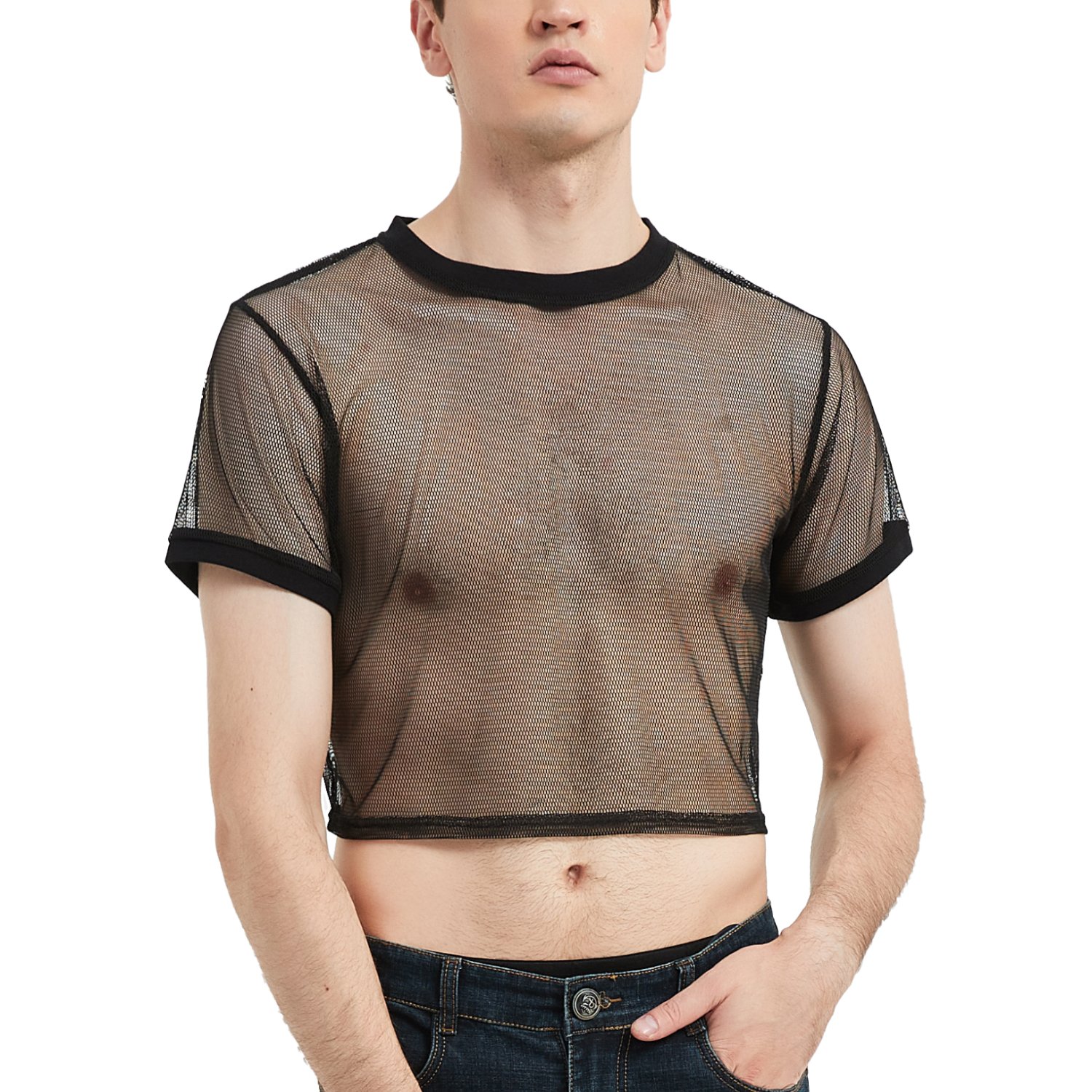 ZN the factory new style sexy short sleeve binder transparent mesh short men's t-shirts