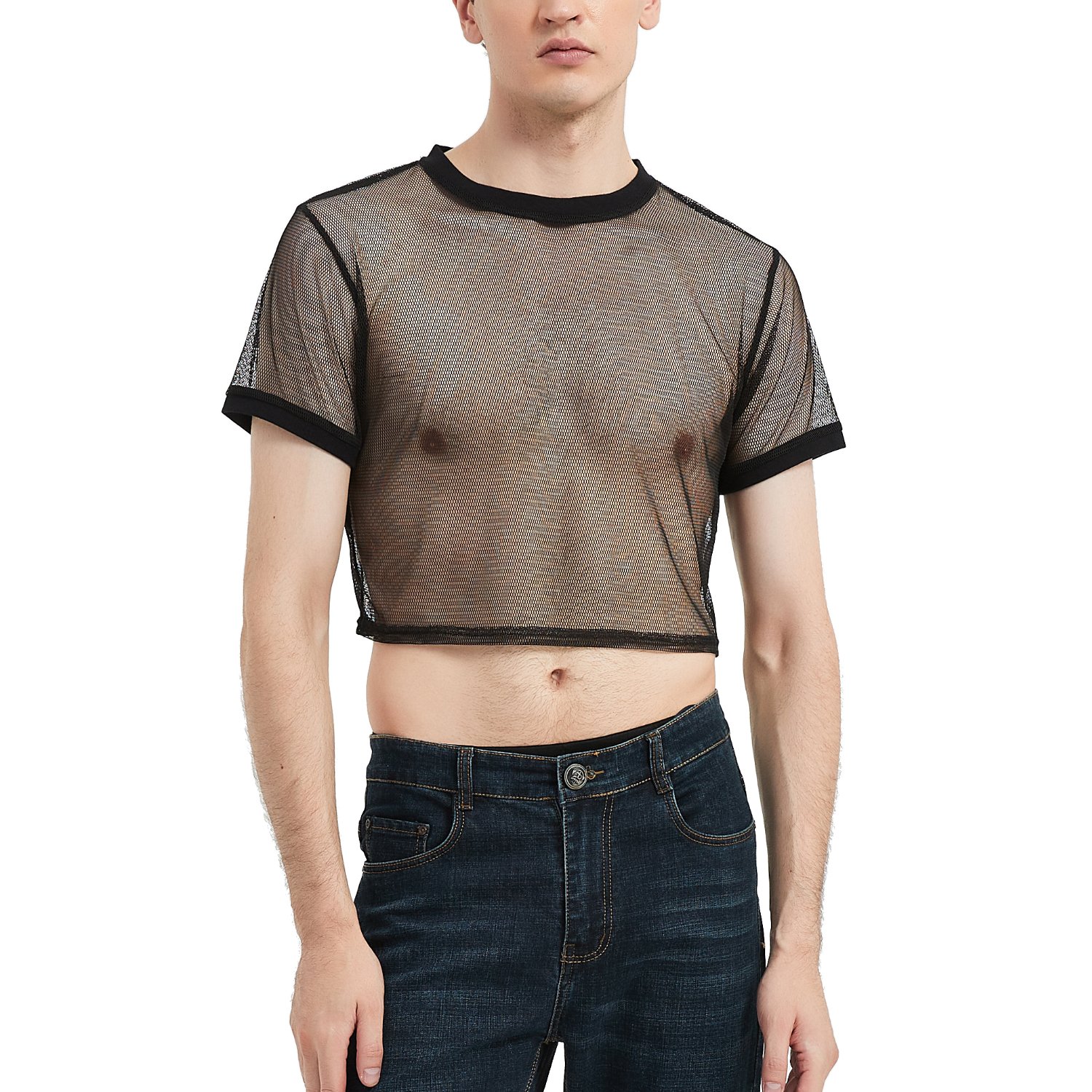 ZN the factory new style sexy short sleeve binder transparent mesh short men's t-shirts