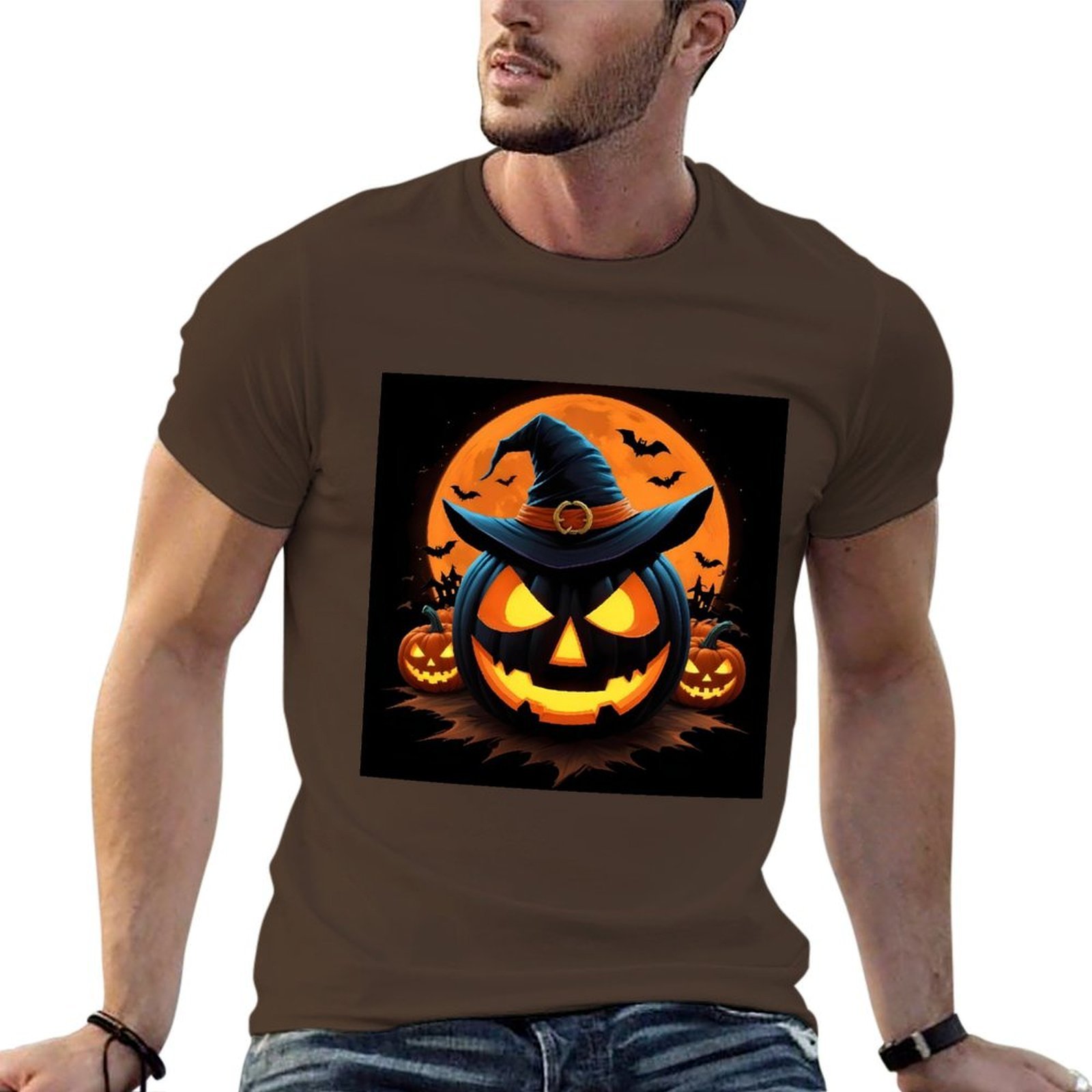 Custom Printed Halloween Pumpkin Face Design Men's T-Shirts 100% Cotton Available Artwork and Logo Personalization