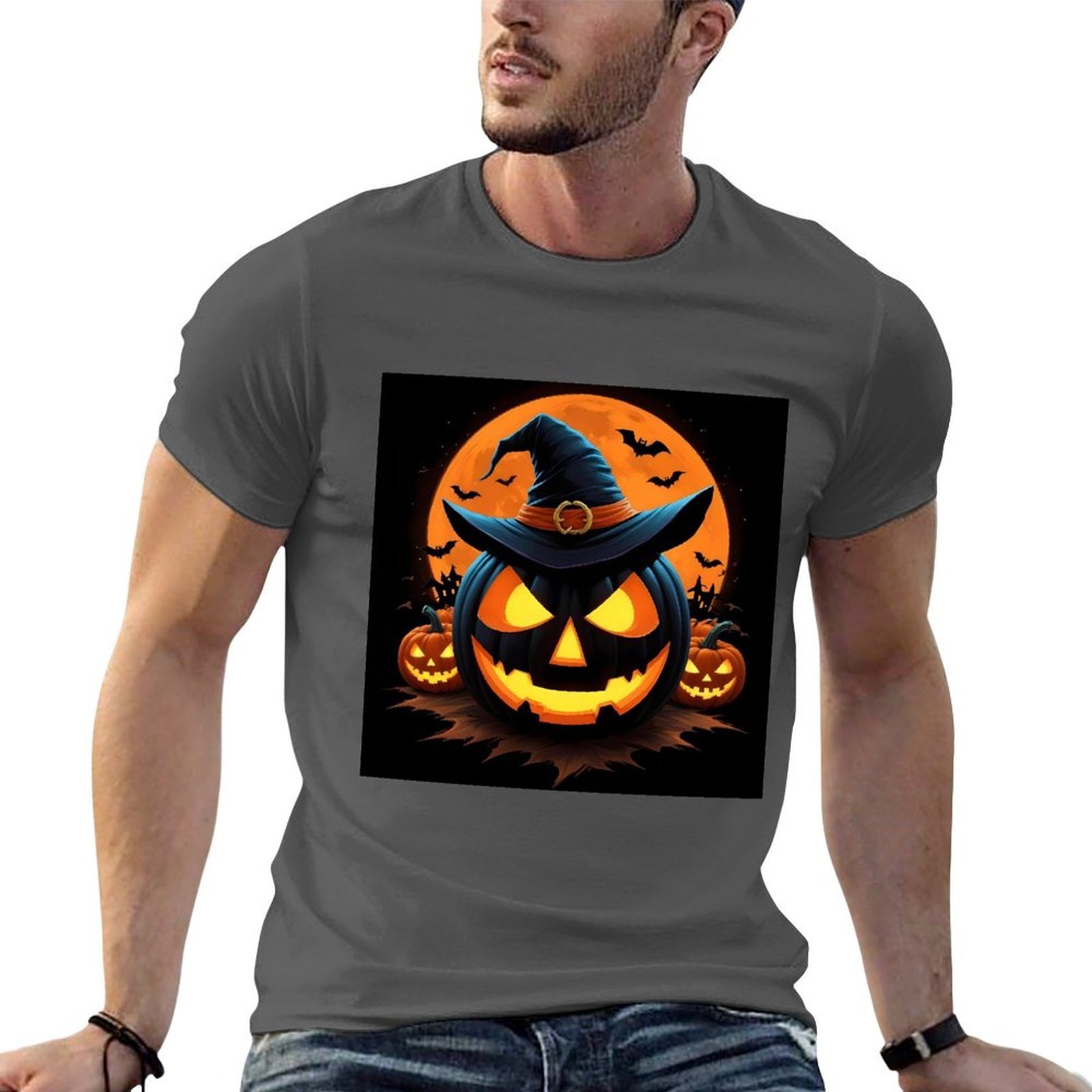 Custom Printed Halloween Pumpkin Face Design Men's T-Shirts 100% Cotton Available Artwork and Logo Personalization