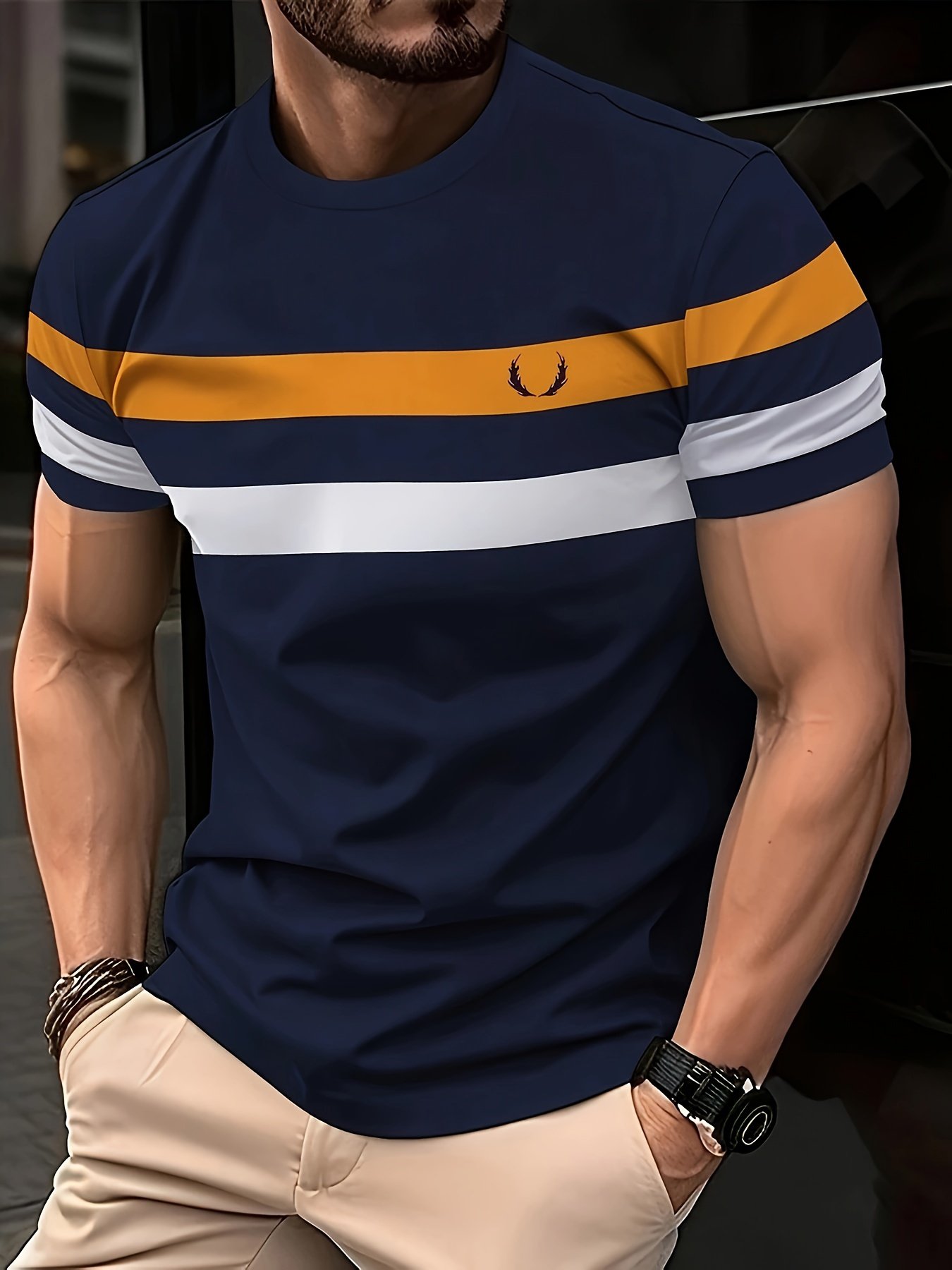 Summer Mens Crew Neck Short Sleeve Stripe Pattern T-Shirt