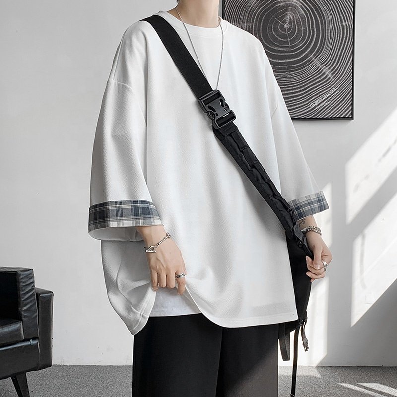 Spring Summer Men's T-shirts Women Oversized 2xl Korean Style Loose Plaid T-shirt Casual Seven Sleeves T-shirt Male White