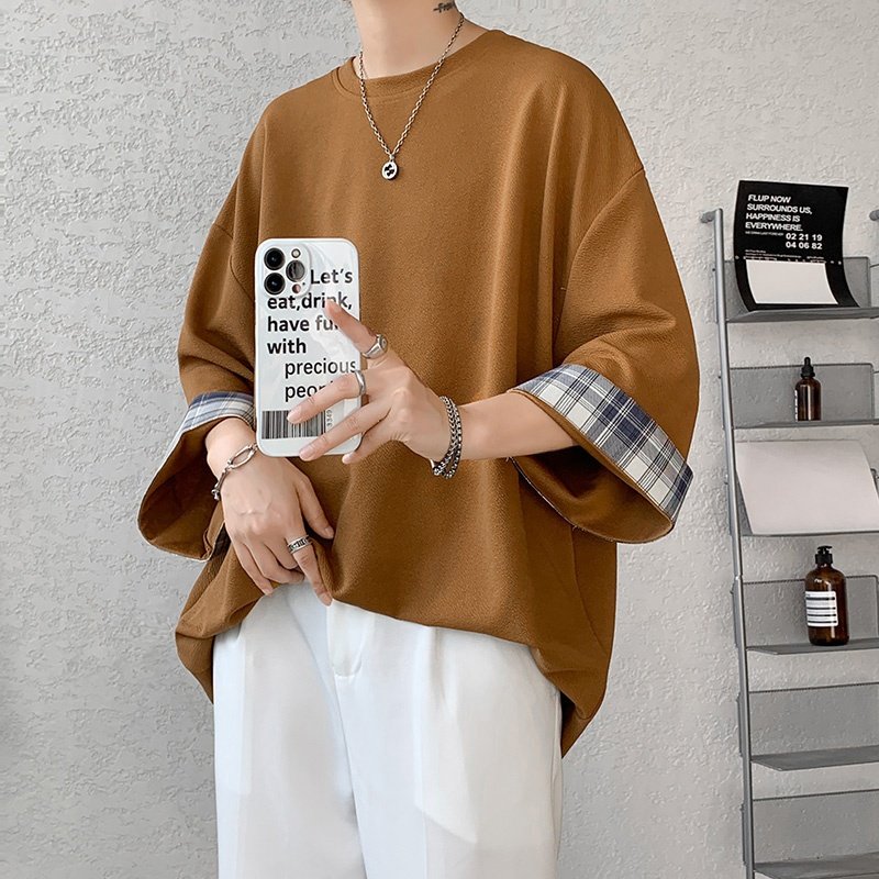 Spring Summer Men's T-shirts Women Oversized 2xl Korean Style Loose Plaid T-shirt Casual Seven Sleeves T-shirt Male White