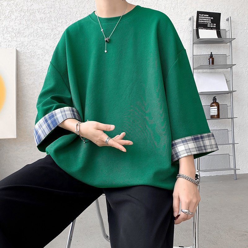 Spring Summer Men's T-shirts Women Oversized 2xl Korean Style Loose Plaid T-shirt Casual Seven Sleeves T-shirt Male White