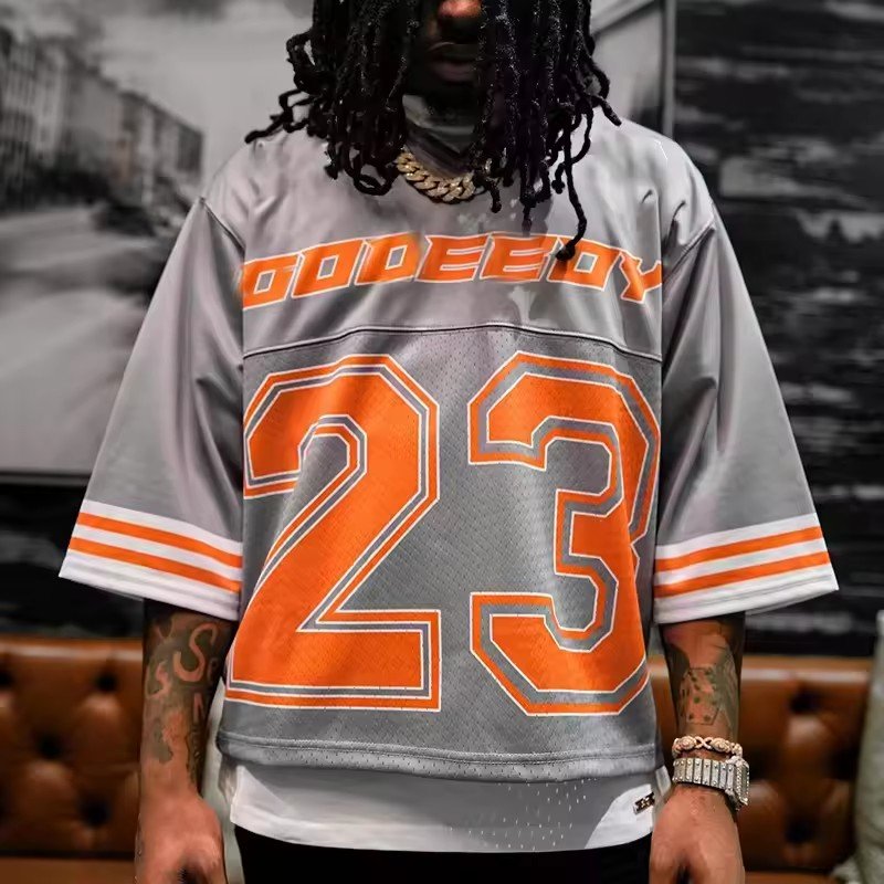 Custom Print Boxy Men's T Shirts Mesh Oversized Crop V- neck Football Tshirt For Men