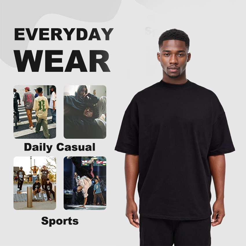 mens oversized fit drop shoulder boxy fit custom printing 100% cotton rib mock neck blank streetwear t shirt for men