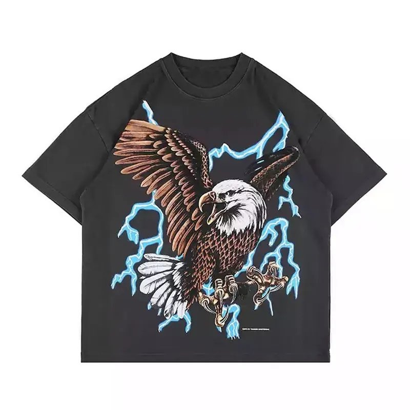 Men Black 220 Gsm 100% Cotton T-Shirt DTG Printing Pattern Streetwear Crew Neck Knitted Graphic T Shirt Acid washed T-shirts