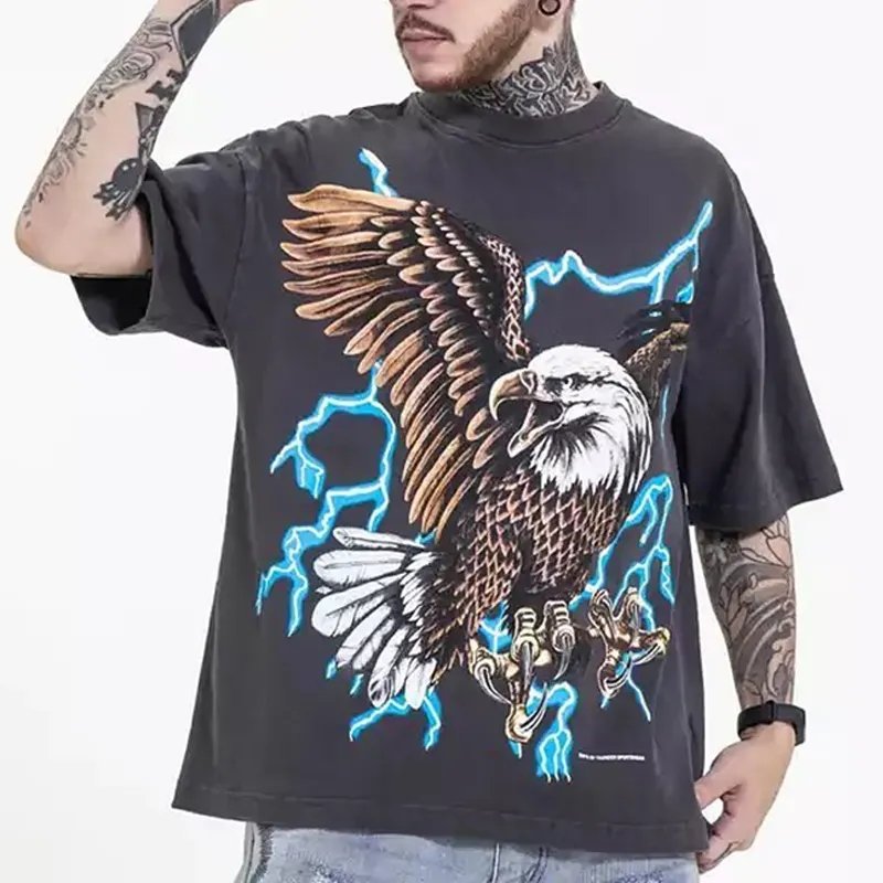 Men Black 220 Gsm 100% Cotton T-Shirt DTG Printing Pattern Streetwear Crew Neck Knitted Graphic T Shirt Acid washed T-shirts