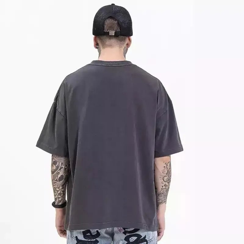 Men Black 220 Gsm 100% Cotton T-Shirt DTG Printing Pattern Streetwear Crew Neck Knitted Graphic T Shirt Acid washed T-shirts