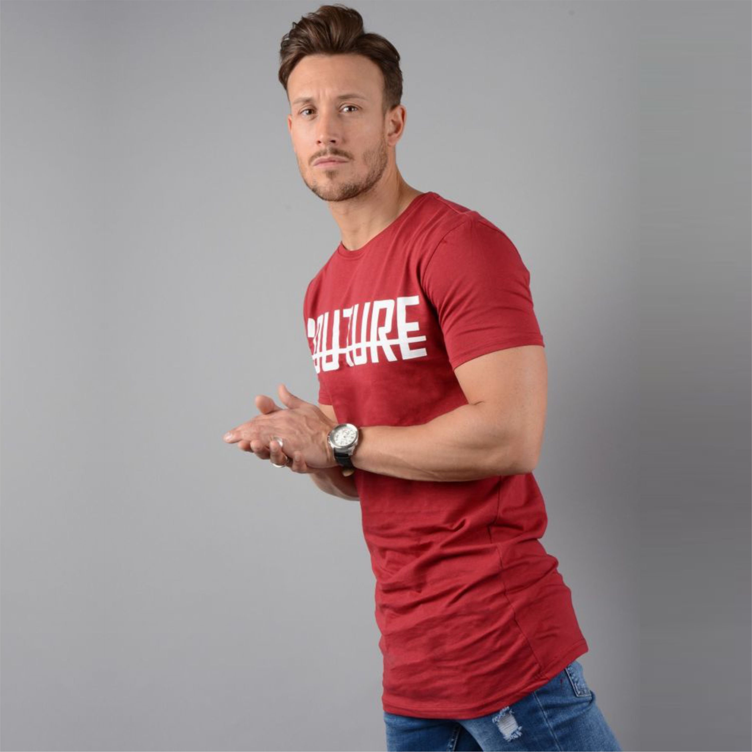 Rose Red Men's Longline T-Shirt - Slim Fit, Short Sleeves, 100% Fine Ring Spun Combed Cotton, 200 gsm