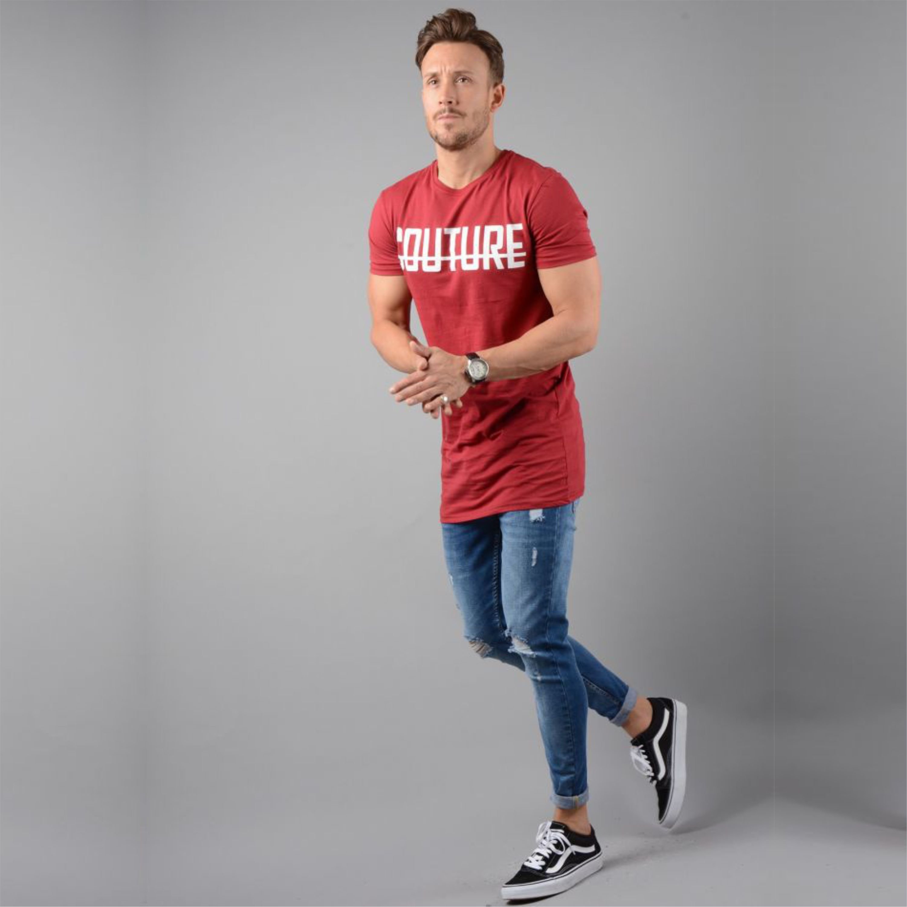Rose Red Men's Longline T-Shirt - Slim Fit, Short Sleeves, 100% Fine Ring Spun Combed Cotton, 200 gsm