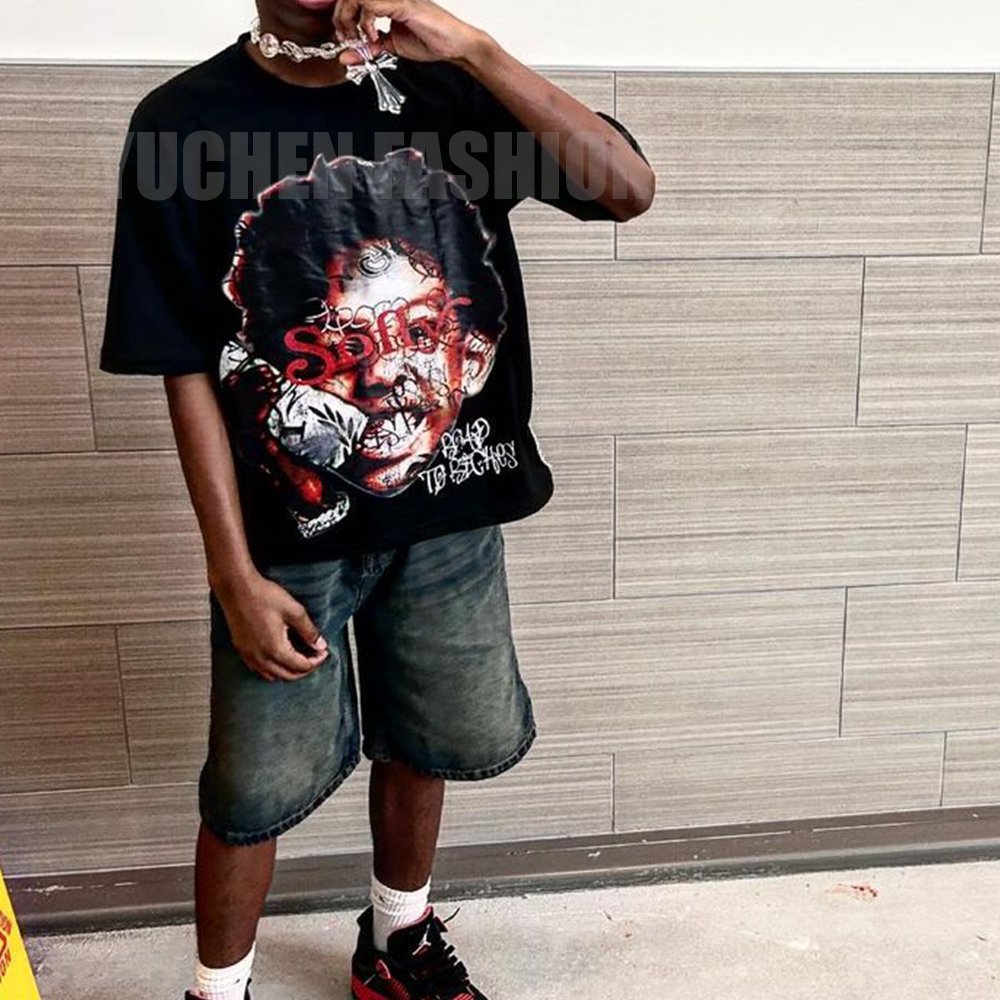 Custom Streetwear 300gsm Heavyweight Boxy Tshirt Screen Print Distressed Embroidery Patch Cropped Graphic T Shirt For Men