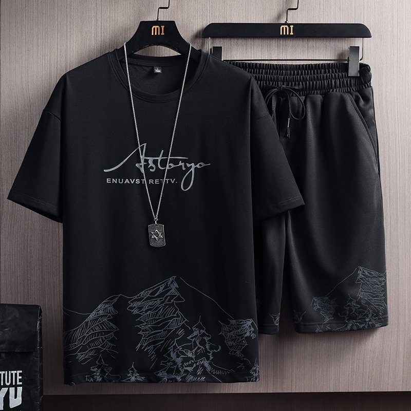 Men's T Shirt high quality Set Summer denim shirts Short Sleeve Tops Pants Suits Breathable Casual korean T Shirt Running Set