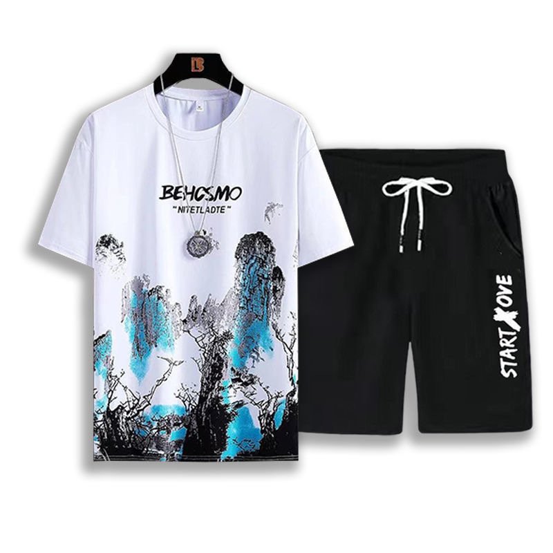 Men's T Shirt high quality Set Summer denim shirts Short Sleeve Tops Pants Suits Breathable Casual korean T Shirt Running Set