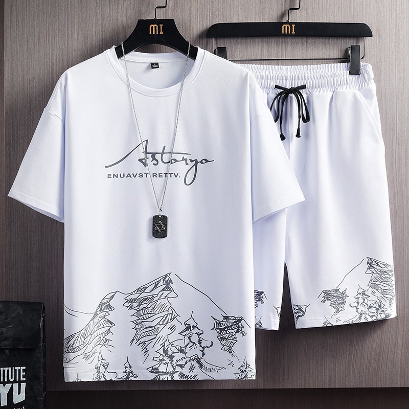 Men's T Shirt high quality Set Summer denim shirts Short Sleeve Tops Pants Suits Breathable Casual korean T Shirt Running Set