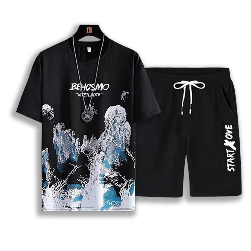 Men's T Shirt high quality Set Summer denim shirts Short Sleeve Tops Pants Suits Breathable Casual korean T Shirt Running Set