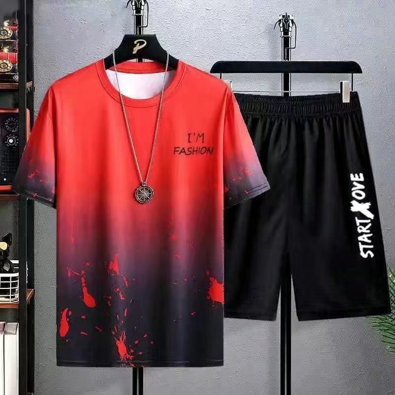 Men's T Shirt high quality Set Summer denim shirts Short Sleeve Tops Pants Suits Breathable Casual korean T Shirt Running Set