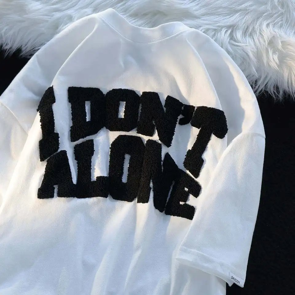 Custom Design Letter Flocking Print T-shirts Manufacturer Heavy 100% Cotton Tee Embroidery Round Neck Men's T-shirts