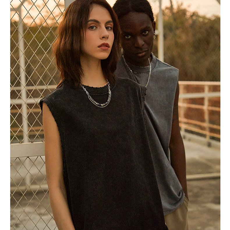 Custom logo Vintage Hollow cut out bottom cotton Blank crew neck Sleeveless Streetwear oversize men t shirt tank top