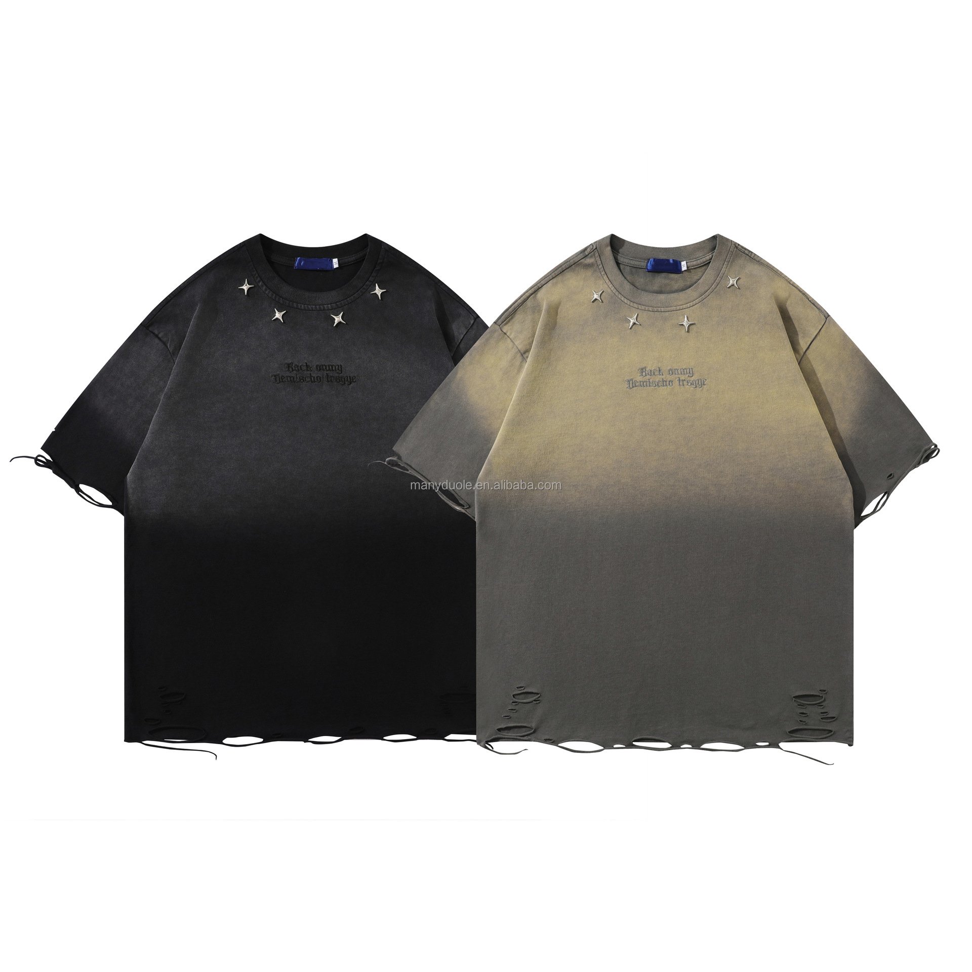 Street hip hop wash cut gradient short-sleeved T-shirt retro loose round neck men's T-shirt short T half-sleeved top