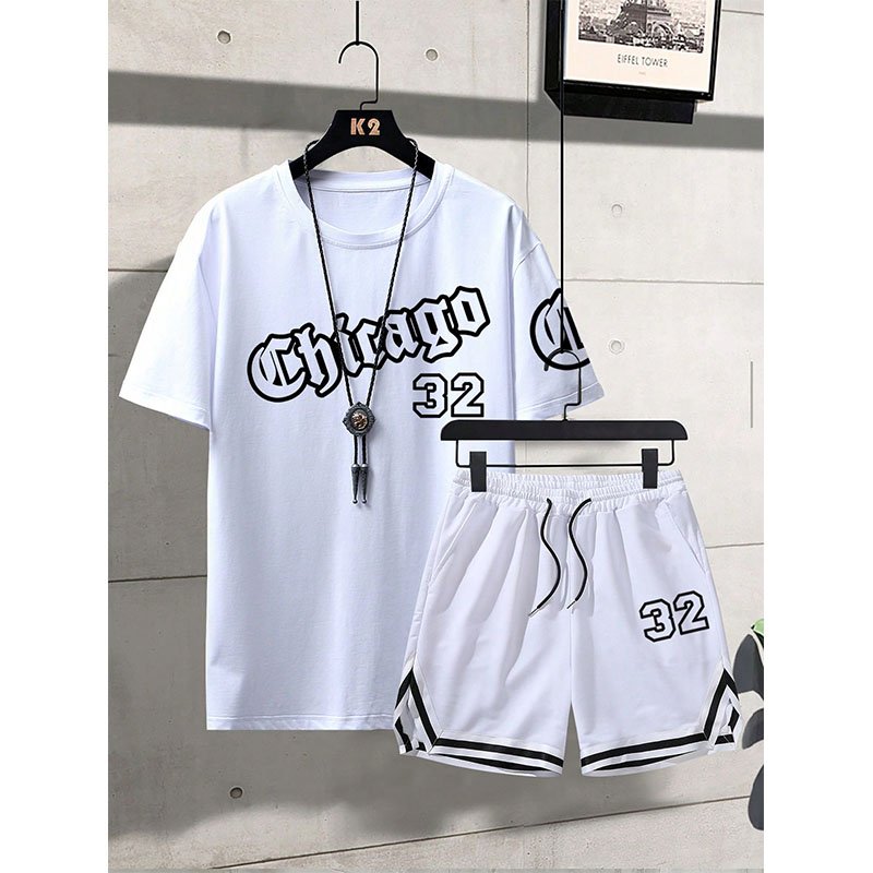 m0821-17 Summer Men's T-shirt Set 2 Piece Sportswear Suit Sports Fitness Custom Brand Printed Short Sleeve Two Piece Shorts Set