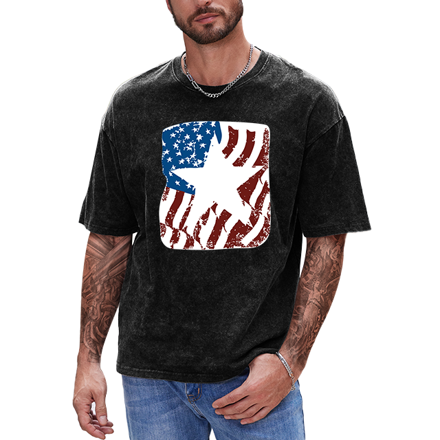 Wholesale men Acid Washed t-shirt oversize American flag star outline print Drop Shoulder t shirt cotton vintage men's t-shirts
