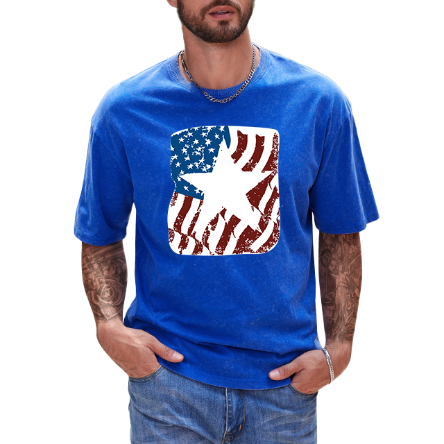 Wholesale men Acid Washed t-shirt oversize American flag star outline print Drop Shoulder t shirt cotton vintage men's t-shirts