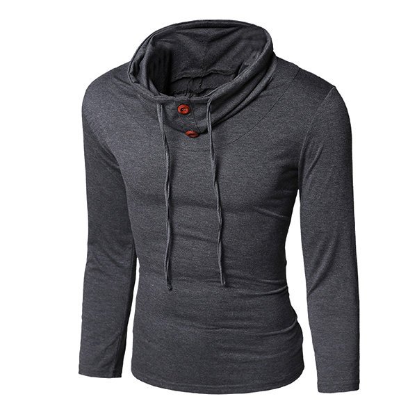 2021 Summer fashion mens high quality Solid Color Drawstring Button Stand Collar Long Sleeve T-Shirt For Men