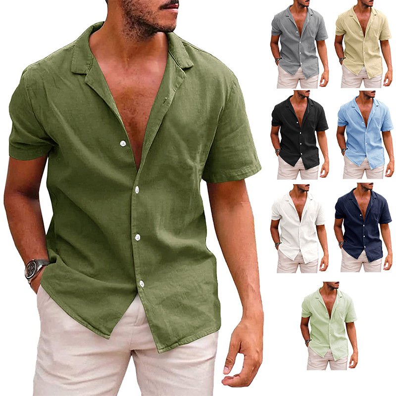 Men Cotton Linen Shirts Lapel Collar V-neck Short Sleeve Men's Summer Cardigan Tops Button Blouse T-shirt Casual Shirt
