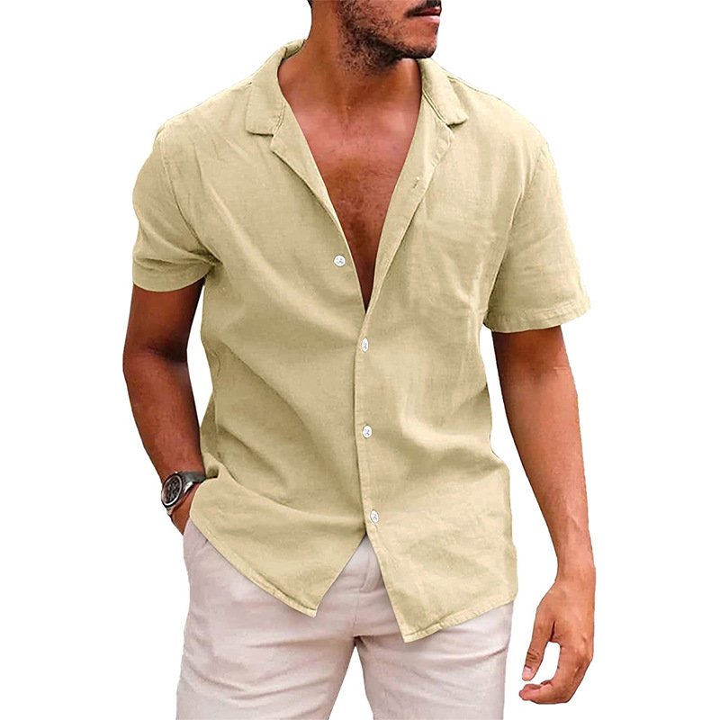 Men Cotton Linen Shirts Lapel Collar V-neck Short Sleeve Men's Summer Cardigan Tops Button Blouse T-shirt Casual Shirt