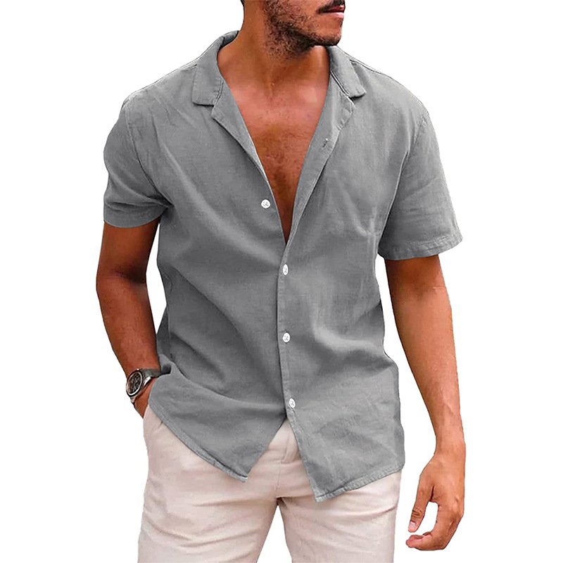 Men Cotton Linen Shirts Lapel Collar V-neck Short Sleeve Men's Summer Cardigan Tops Button Blouse T-shirt Casual Shirt