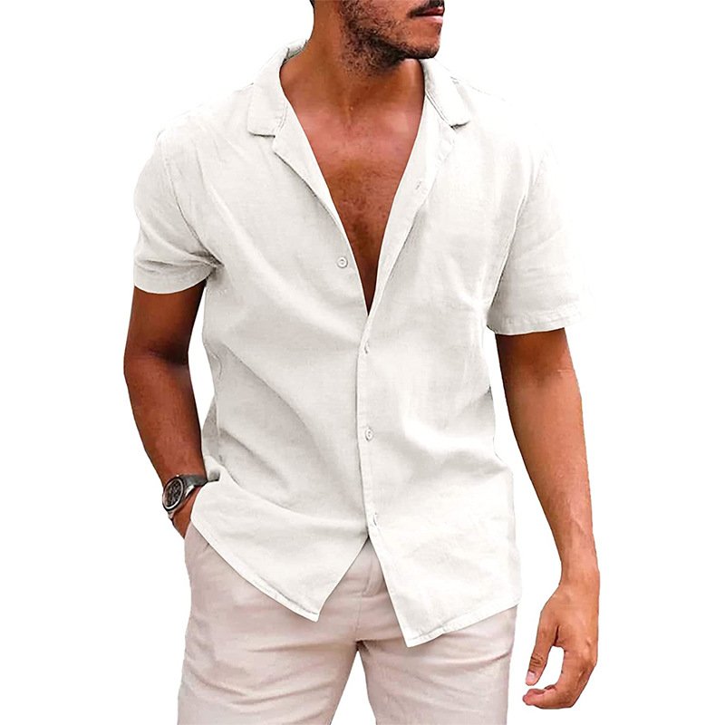 Men Cotton Linen Shirts Lapel Collar V-neck Short Sleeve Men's Summer Cardigan Tops Button Blouse T-shirt Casual Shirt