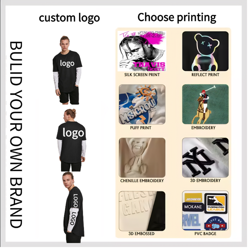 New Fashion Vintage Screen Printing DTG Acid Wash Cotton Mens Double Layer Long Sleeve T-shirt for men tee