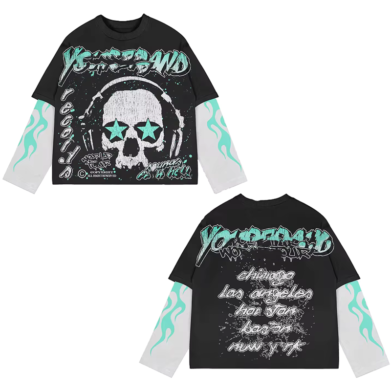 New Fashion Vintage Screen Printing DTG Acid Wash Cotton Mens Double Layer Long Sleeve T-shirt for men tee